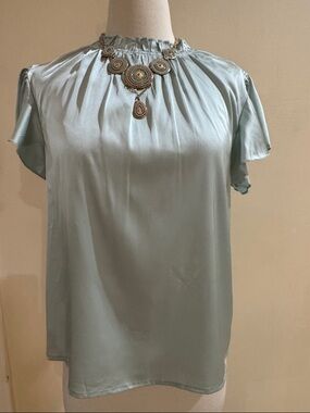 Light Aqua Satin Short Sleeve Blouse